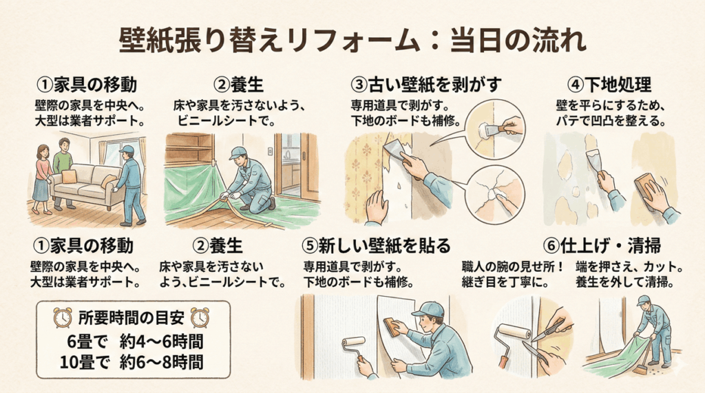 壁紙張り替えリフォームの流れ（当日の様子）