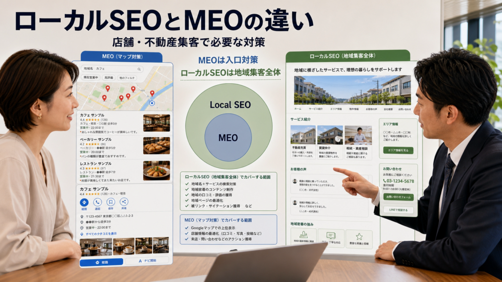 ローカルSEOとMEOの違いとは？店舗・不動産集客で必要な対策を解説