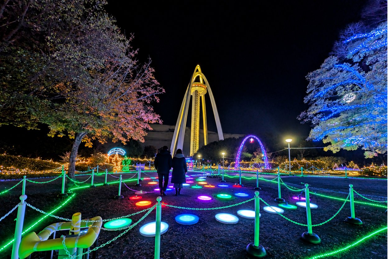 一宮市の138タワーパークで、ライトアップされたツインアーチ138とイルミネーションの中を歩く人の冬の夜景