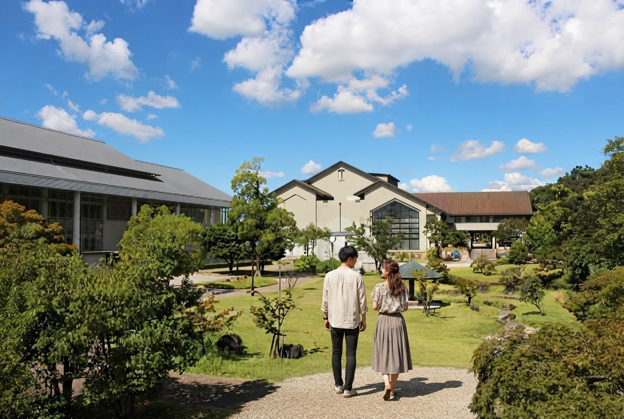 安城市民ギャラリーのある緑の公園を散歩するカップルの後ろ姿