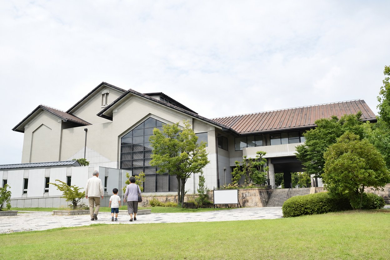 安城市歴史博物館の前の石畳を入口へ向かう祖父母と孫の後ろ姿