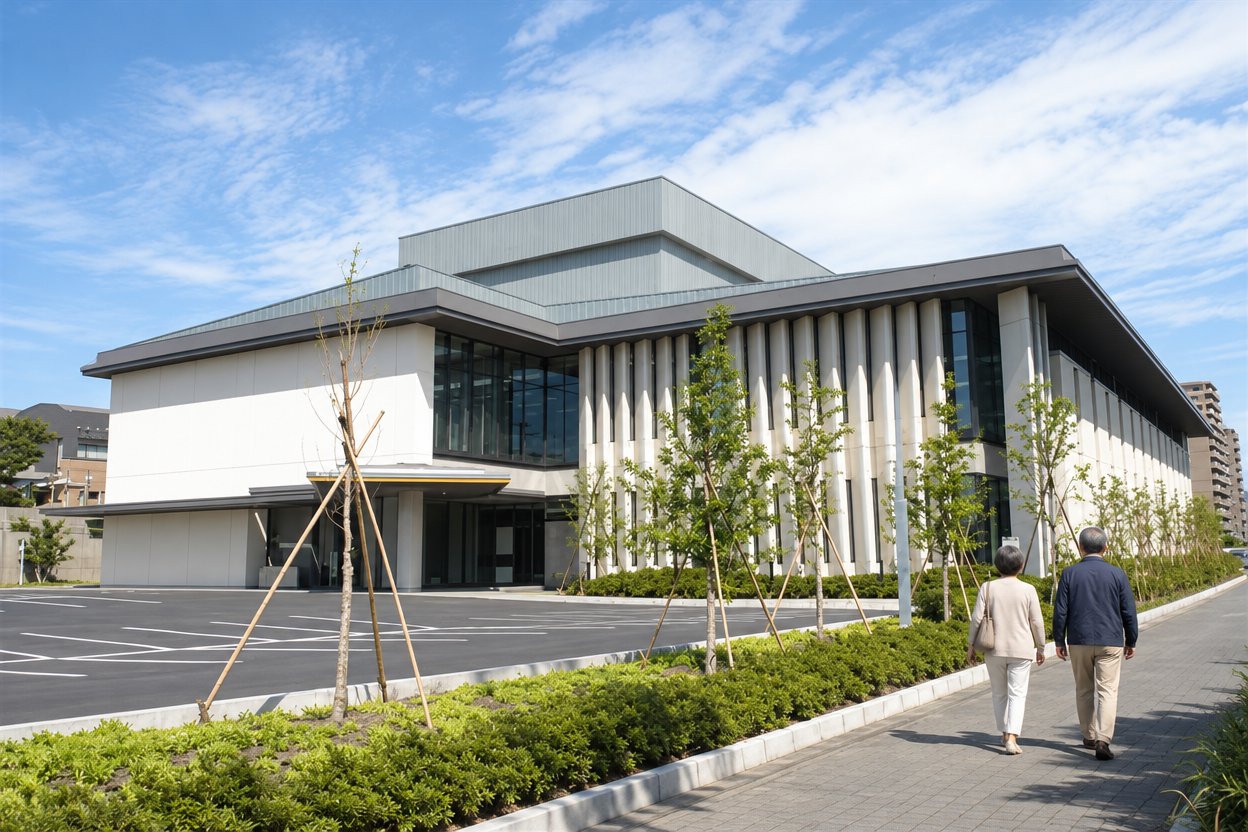 稲沢市立中央図書館の白い柱が並ぶ建物へ向かう60代くらいの夫婦の後ろ姿