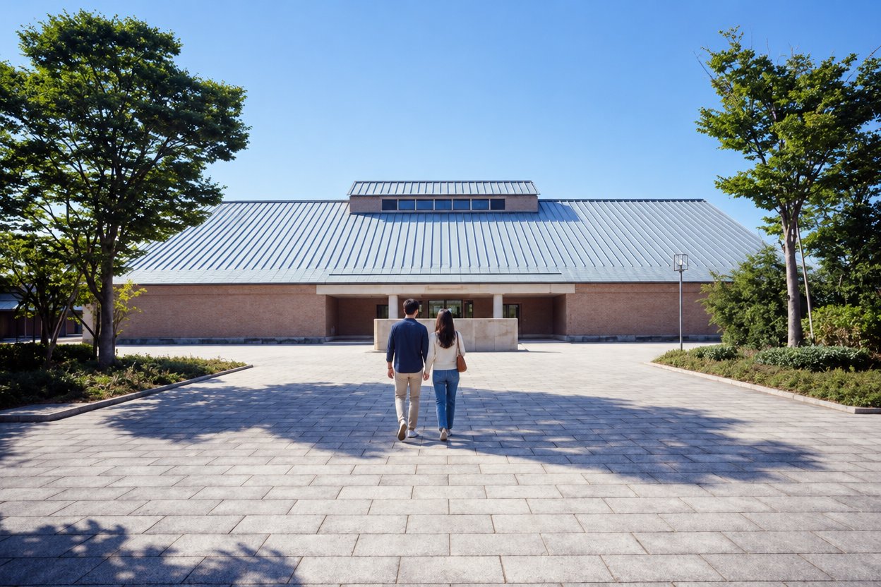 稲沢市荻須記念美術館の石畳の広場を入口へ歩くカップルの後ろ姿
