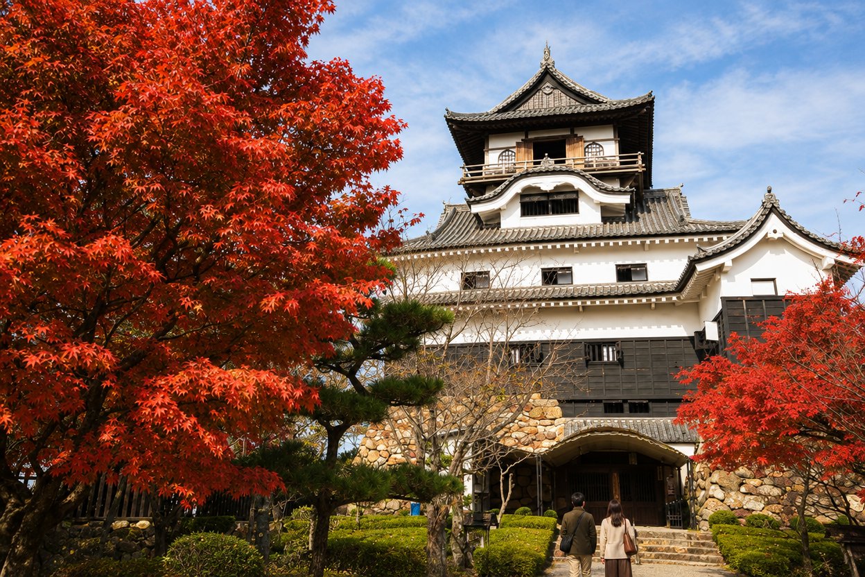 犬山市 国宝犬山城の紅葉 天守とモミジ
