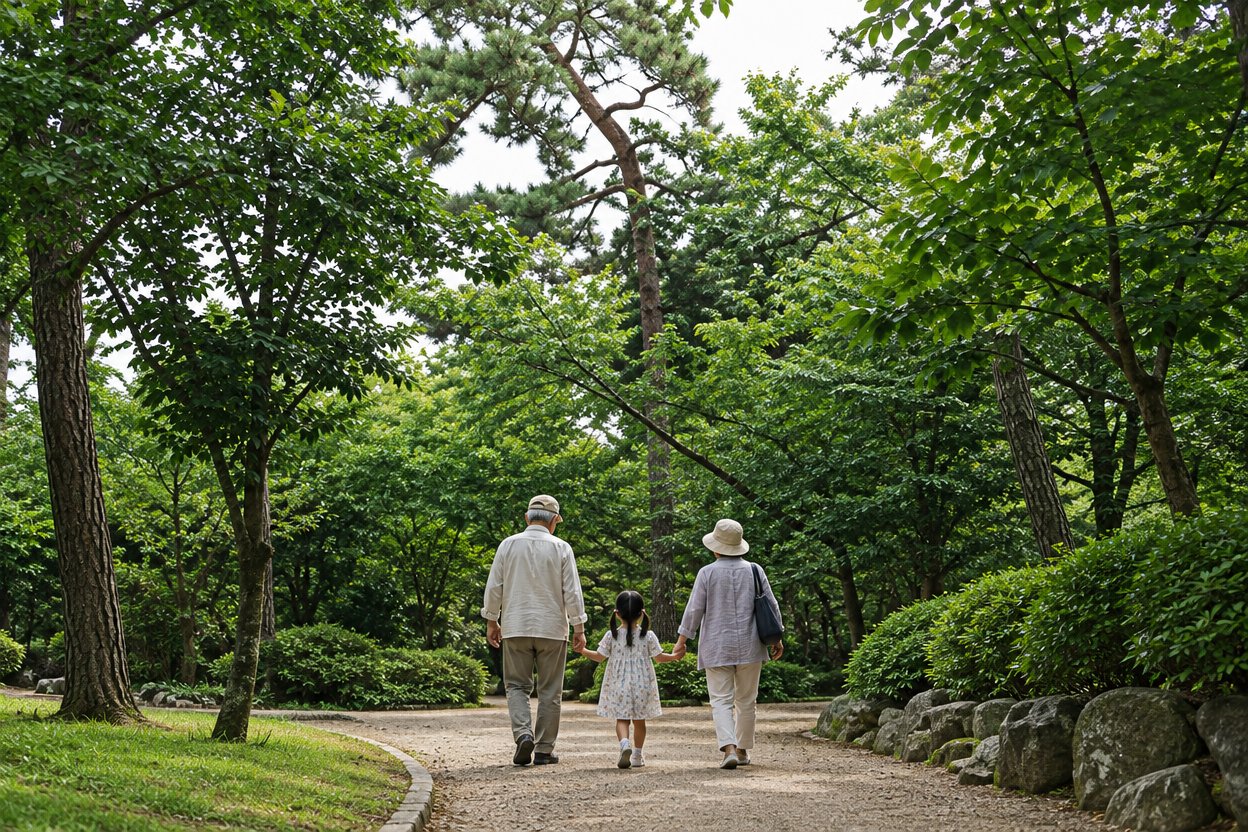 清洲公園の木陰の小道を歩く祖父母と孫の後ろ姿