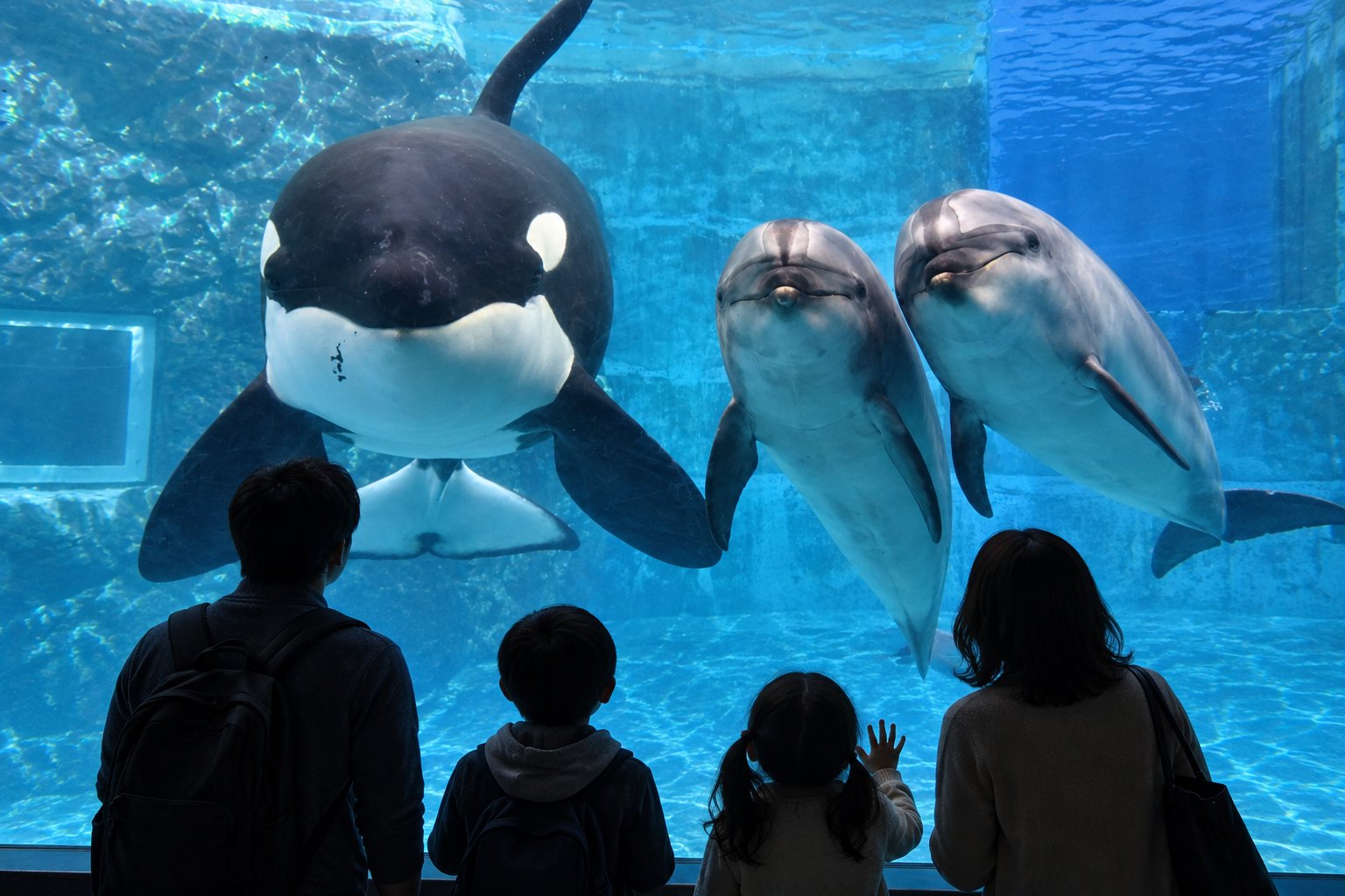 名古屋港水族館の大水槽でシャチとイルカを見る両親と子ども2人の後ろ姿
