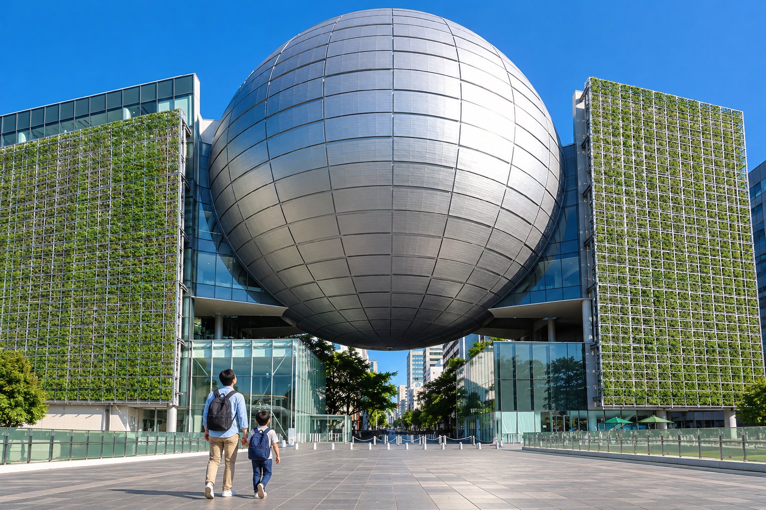 名古屋市科学館の巨大な球体のプラネタリウムへ向かう父親と男の子の後ろ姿