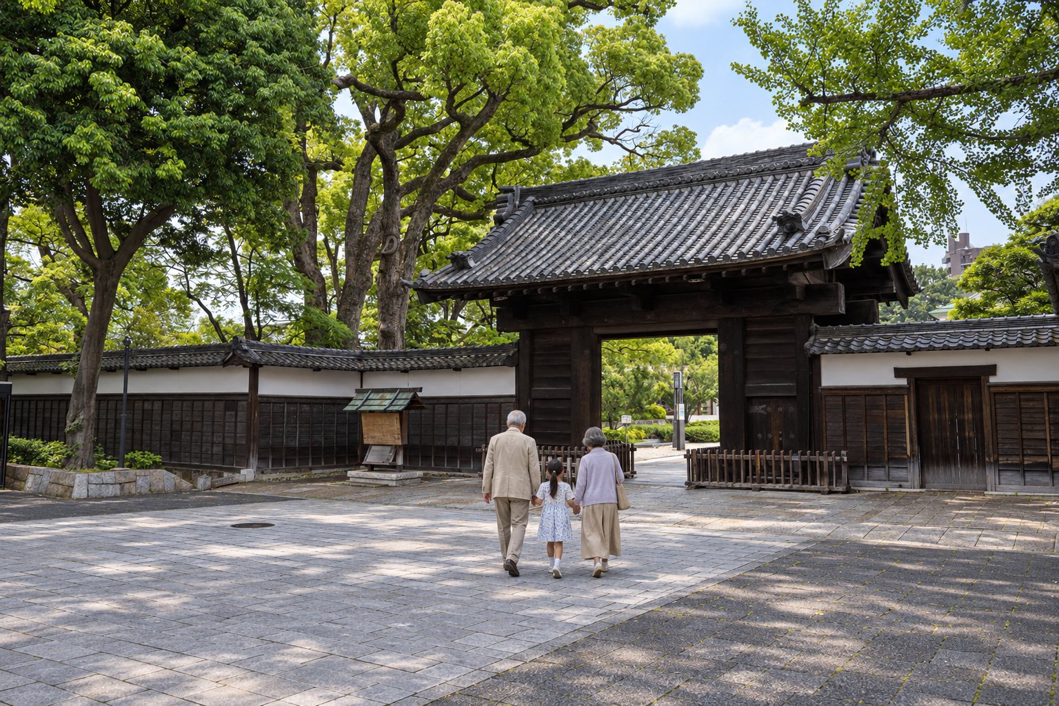 徳川美術館の黒い門へ向かう祖父母と孫の後ろ姿