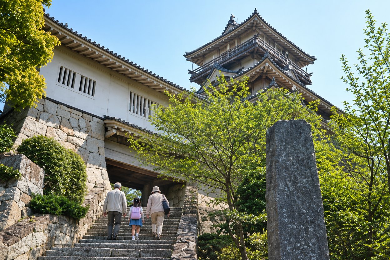 岩崎城址公園の石段を上る祖父母と女の子の後ろ姿