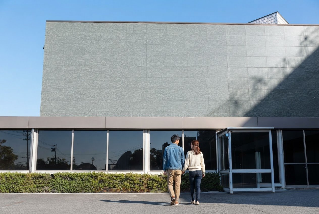 マスプロ美術館が入る建物のガラス張りの入口へ向かうカップルの後ろ姿