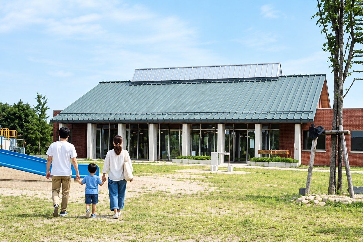 野方三ツ池公園の交流館前をすべり台へ歩く両親と男の子の後ろ姿