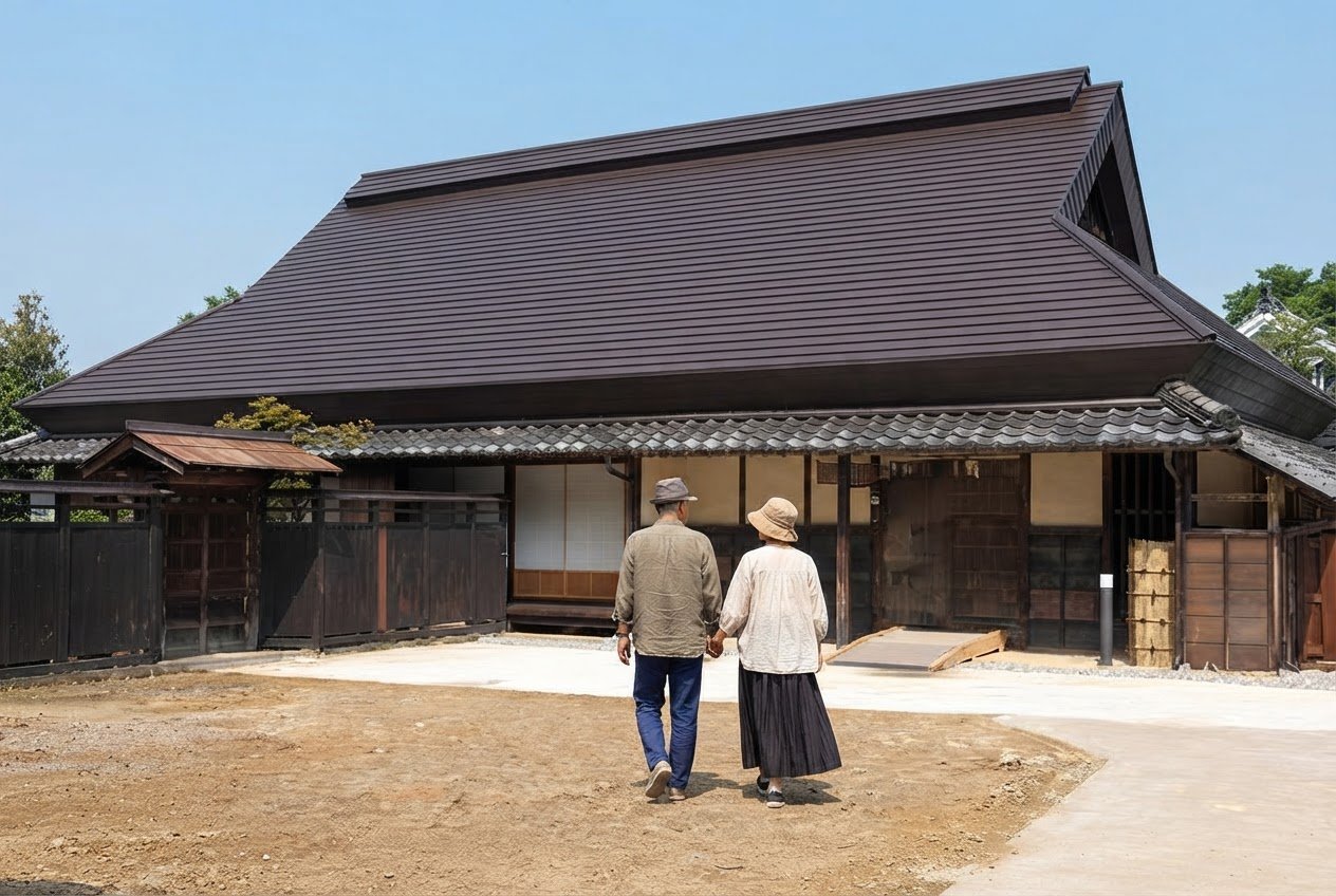 旧市川家住宅の大きな屋根の主屋へ向かう60代くらいの夫婦の後ろ姿