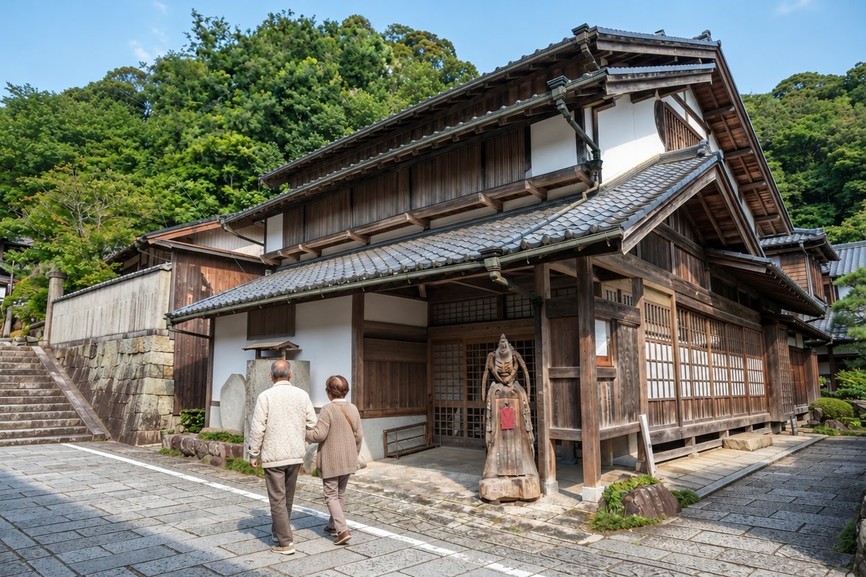 鳳来寺山の表参道にある観来館の前を歩く60代くらいの夫婦の後ろ姿