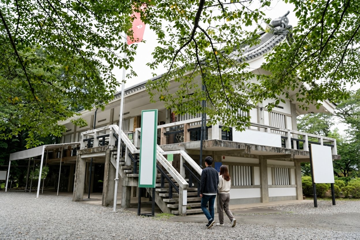 長篠城址史跡保存館の木々に囲まれた建物へ向かうカップルの後ろ姿