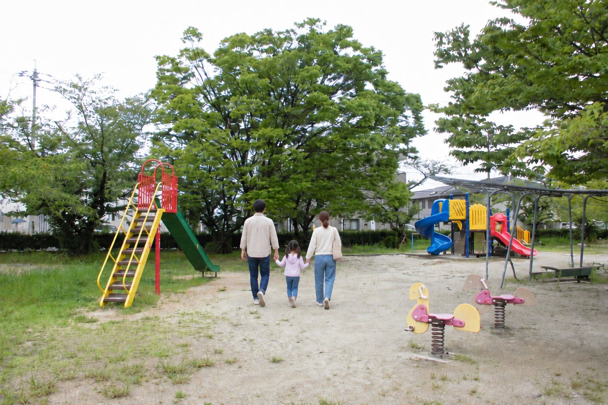中央公園のすべり台へ歩いていく両親と女の子の後ろ姿