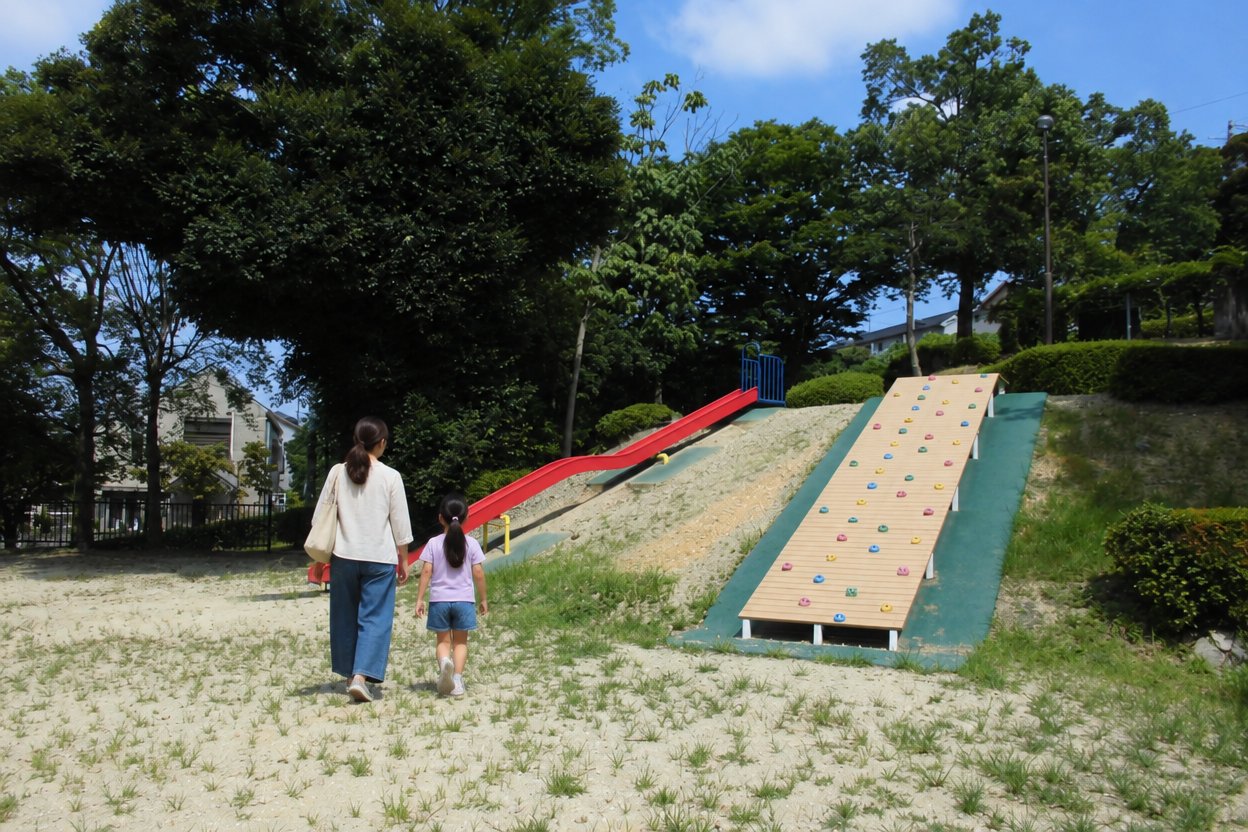 はざま公園のクライミング壁と赤いすべり台へ向かう母親と女の子の後ろ姿