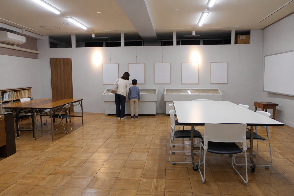 豊明市歴史民俗資料室の体験学習室で展示ケースをのぞく母親と子どもの後ろ姿
