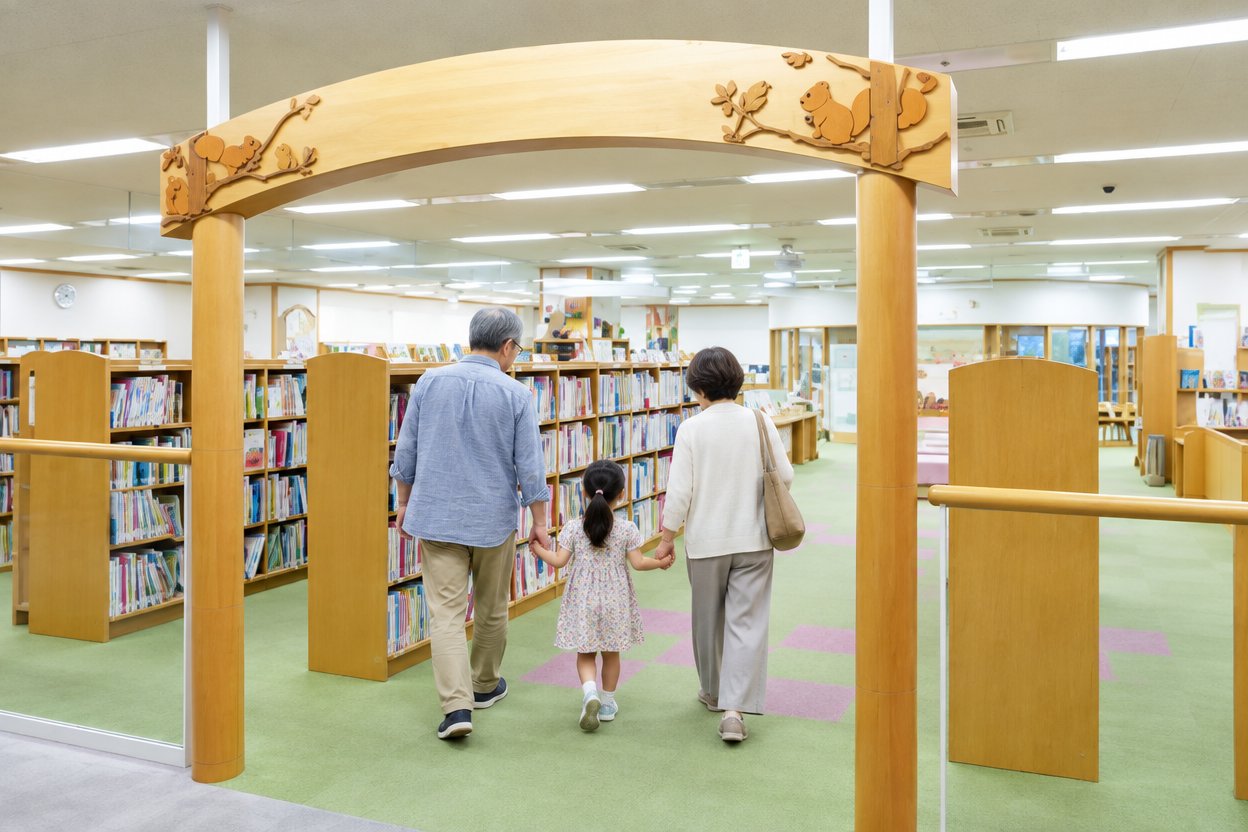 豊田市中央図書館の児童コーナーへ向かう祖父母と孫の後ろ姿