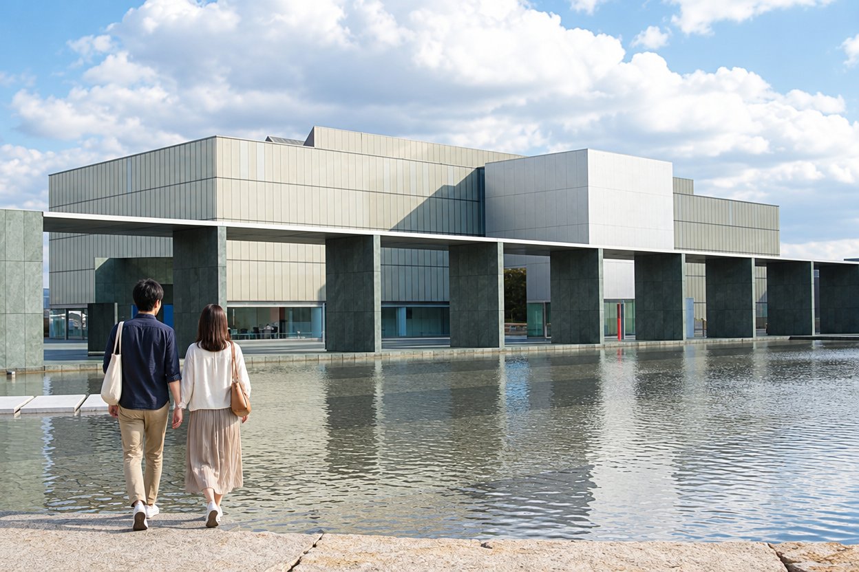 豊田市美術館の水辺のそばを並んで歩くカップルの後ろ姿