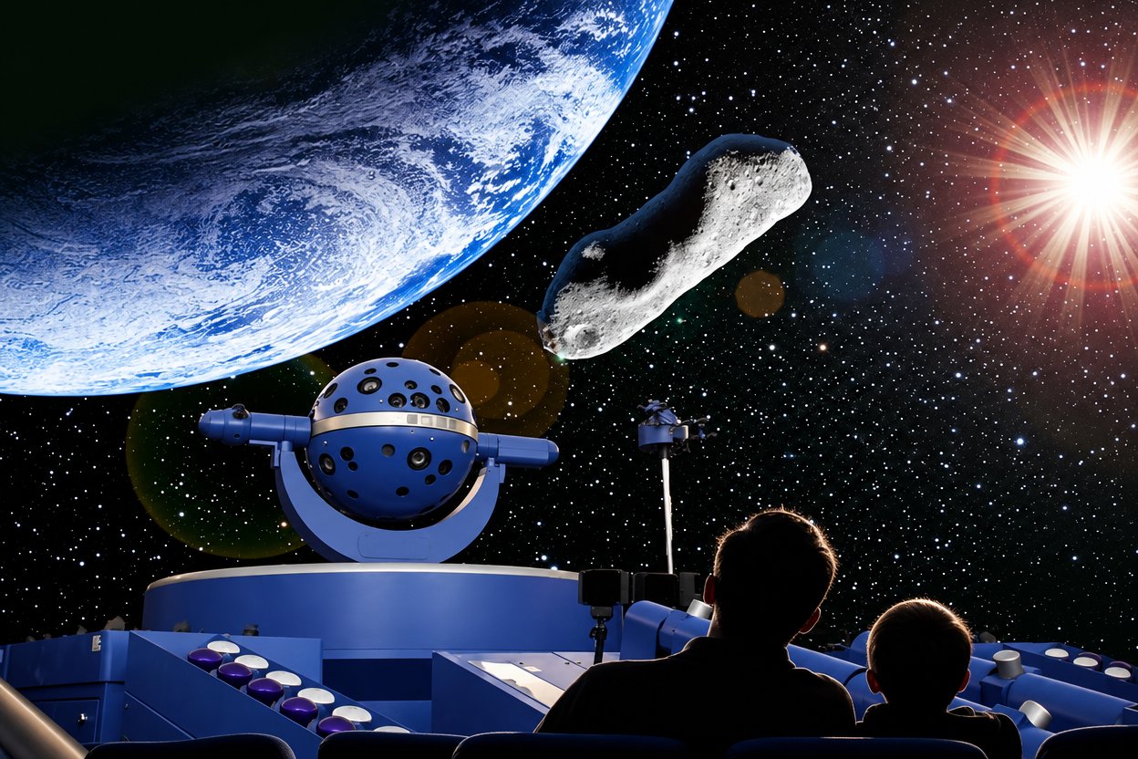 とよた科学体験館のプラネタリウムで宇宙の映像を見上げる父親と男の子のシルエット