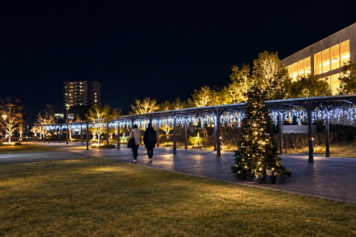 岡崎駅近くの出会いの杜公園で、イルミネーションに彩られた並木道を歩く人の冬の夜景