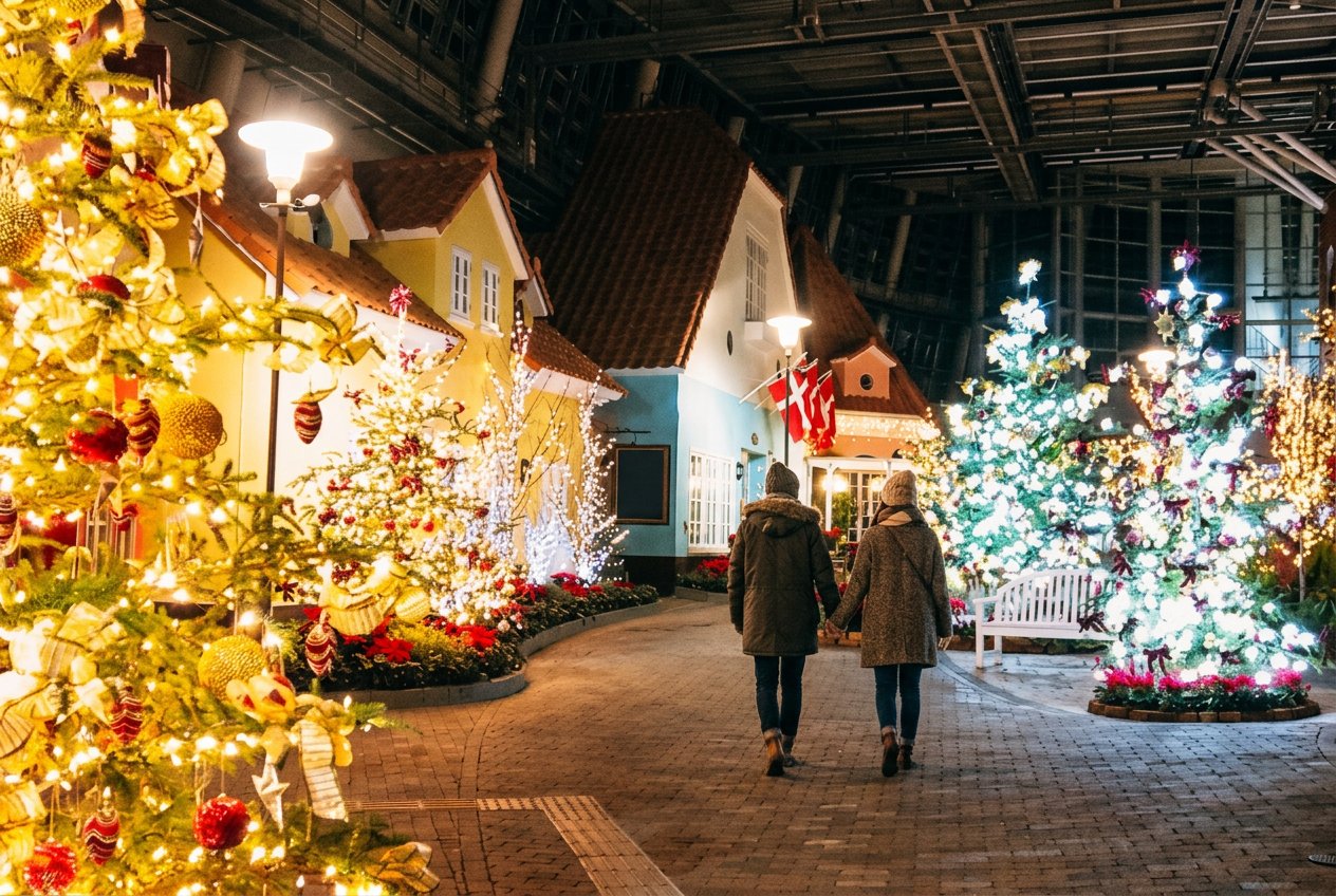 安城市のデンパークで、北欧風の街並みとクリスマスツリーのイルミネーションの中を歩く人の冬の夜景