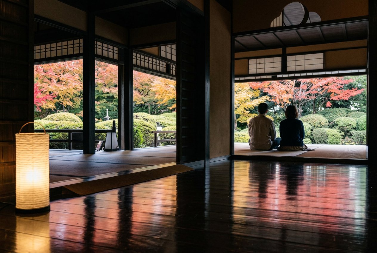 安城市の丈山苑で、座敷の縁側から紅葉に彩られた日本庭園を眺める人の秋の風景