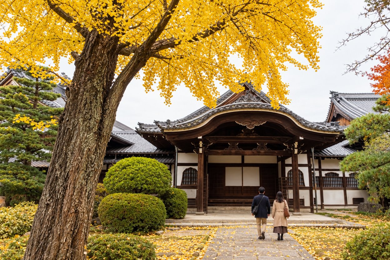 一宮市の妙興寺で、黄色く色づいた大イチョウと本堂へ続く参道を散策する人の秋の風景