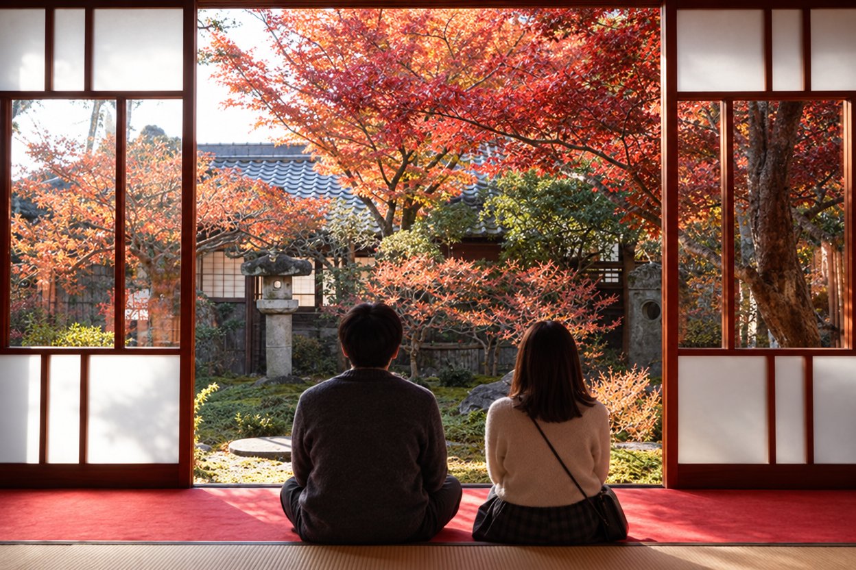 一宮市の旧林家住宅で、座敷から紅葉に彩られた庭園を眺める人の秋の風景